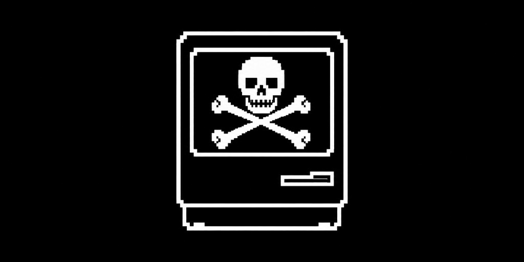Pixel drawing of a classic Macintosh with a skull and crossbones on the screen.