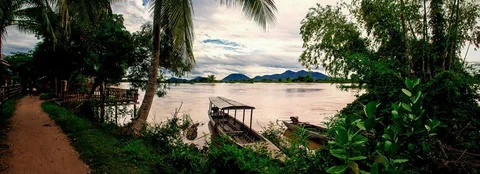 A wooden boat at the riverbank among palm trees in the Four Thousand Islands.