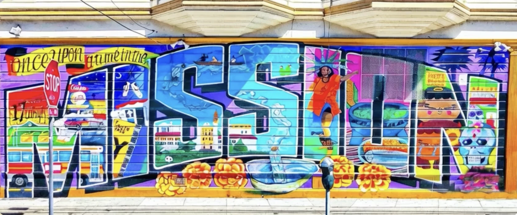 Colorful mural spelling MISSION on a wall in San Francisco’s Mission District.