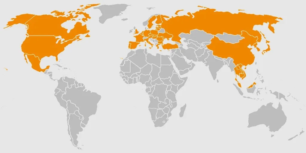 World map with countries visited marked in orange across North America, Europe, and Asia.